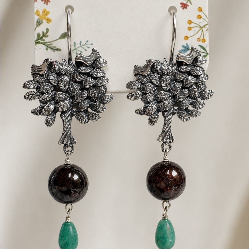 Tree of prosperity earrings handcrafted in 9.25 sterling silver and gemstones